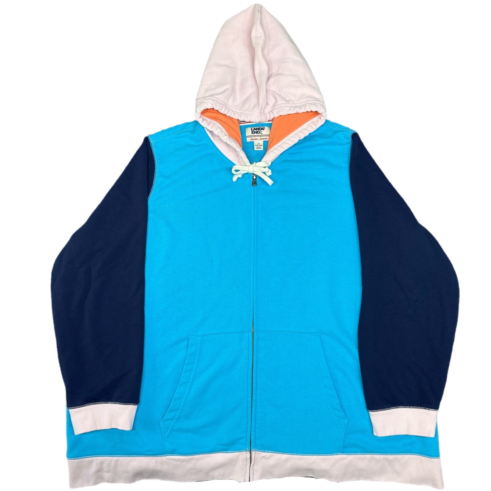 Lands' End Serious Sweats Hoodie 3x Colorblock Full Zip Pink Blue Navy Plus